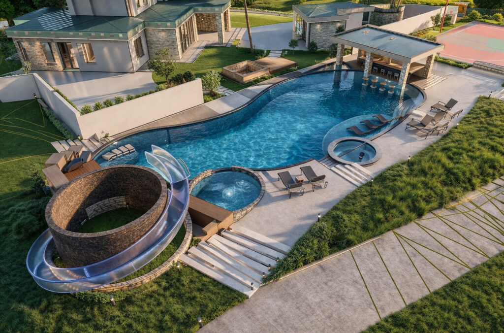 Render novog bazena House California danju - bar u vodi, đakuziji i tobogan