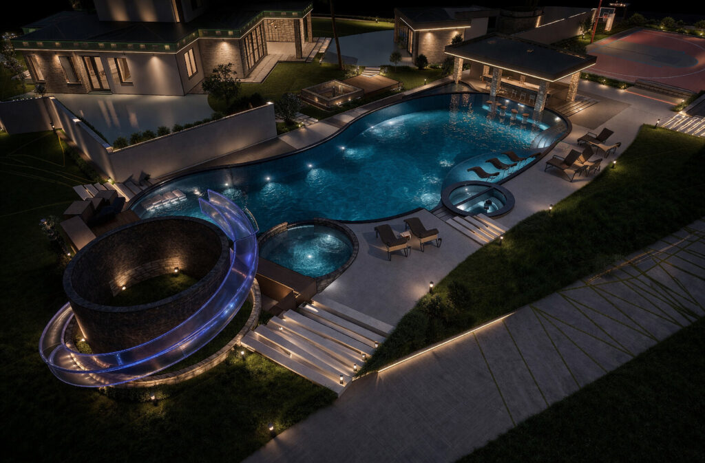 Render novog bazena House California noću - LED rasveta, bar u vodi i tobogan