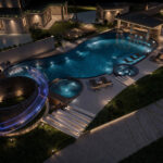 Render novog bazena House California noću - LED rasveta, bar u vodi i tobogan