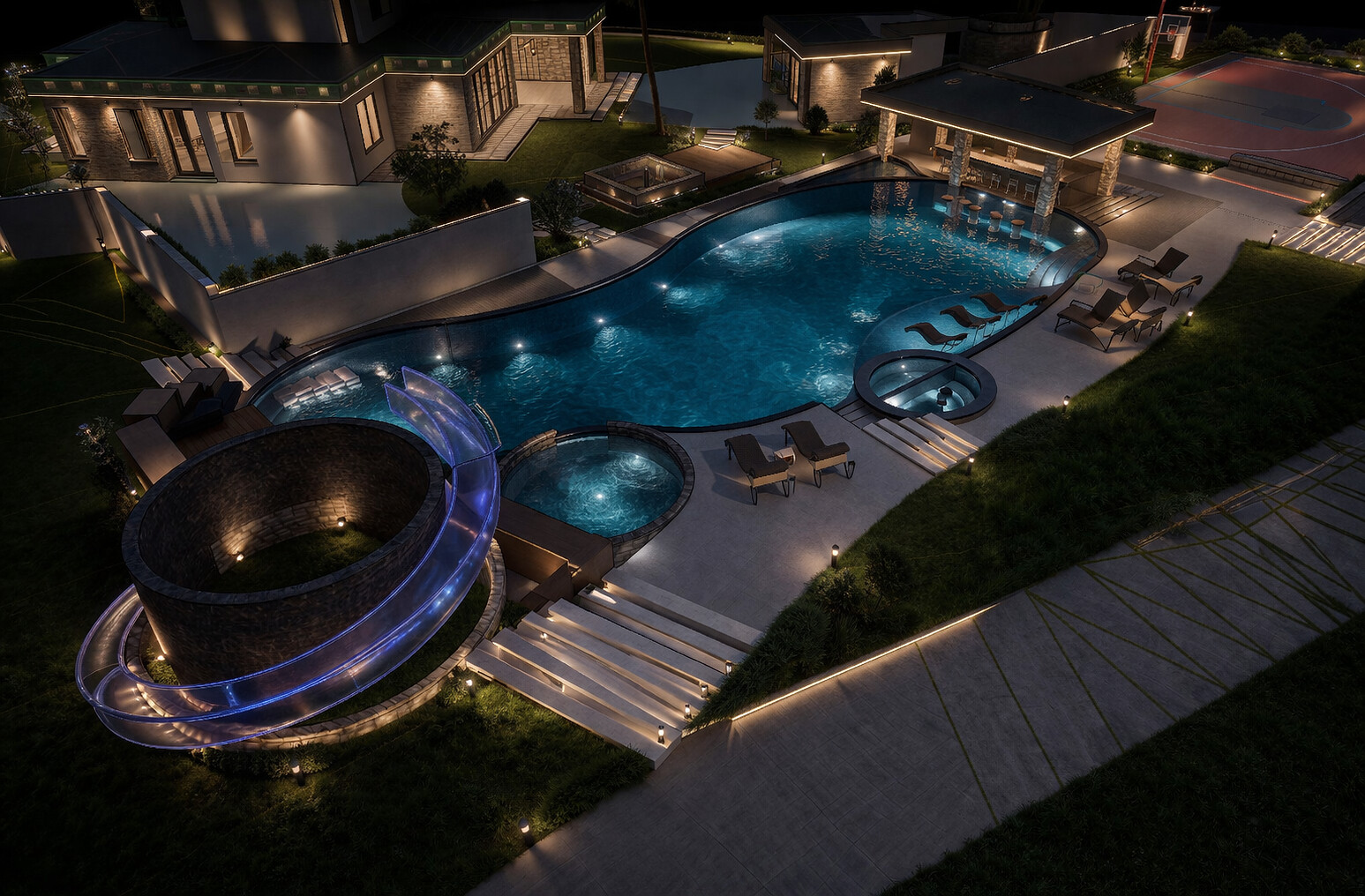Render novog bazena House California noću - LED rasveta, bar u vodi i tobogan